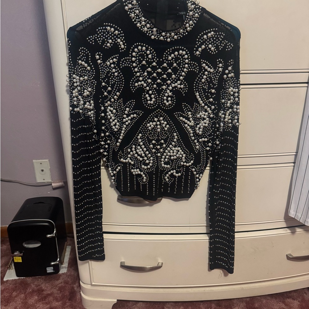 Fashion Nova Black and White Beaded Blouse